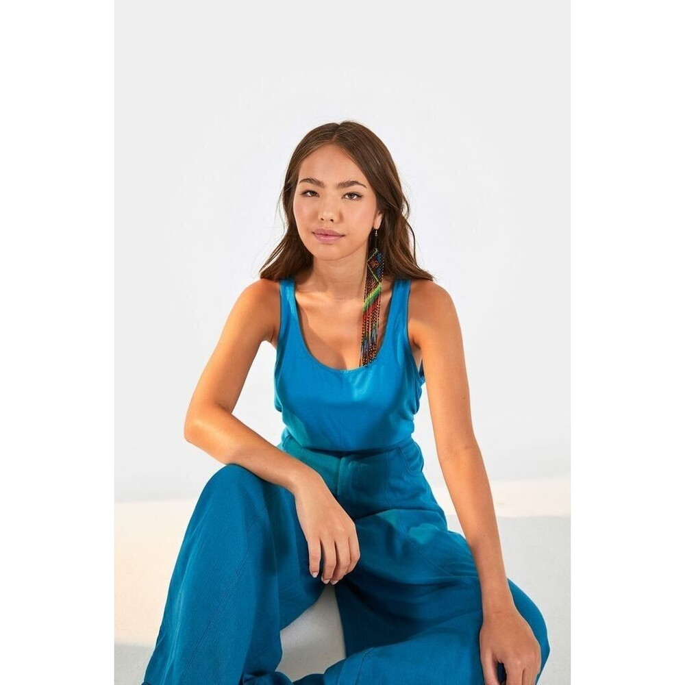 268863 Farm Rio Anthropologie Basic Regatta Tank Blouse Top Blue Sleeveless S-P